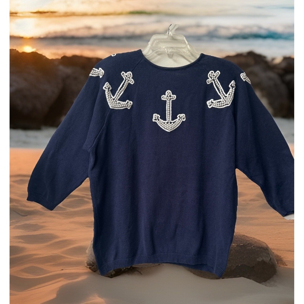 Vtg L'EAU VIVE Knit Nautical Sweater Navy Sz Med Anchor Beach Tunic Embellished